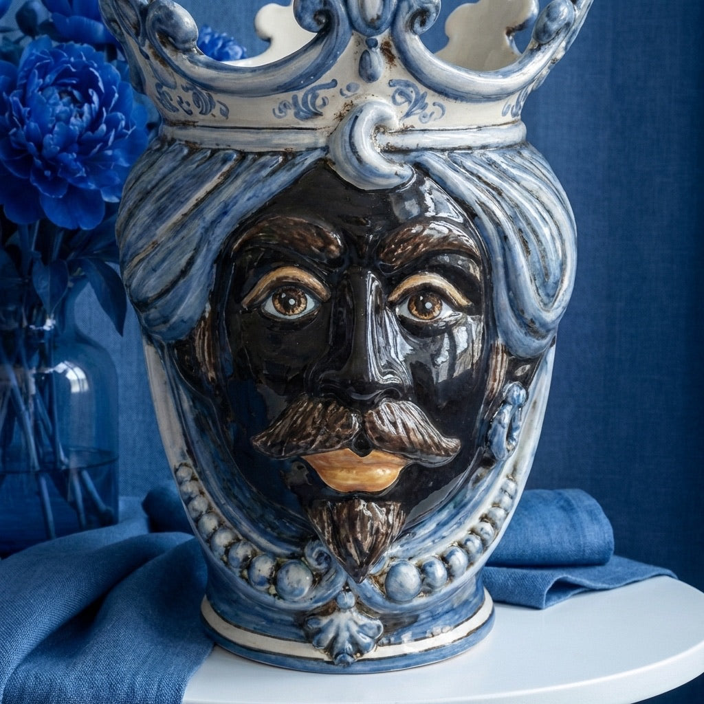 Testa di Moro mit Perlen, maurischer Mann, Mono Blau. Sizilianische Keramik aus Caltagirone, Sofia