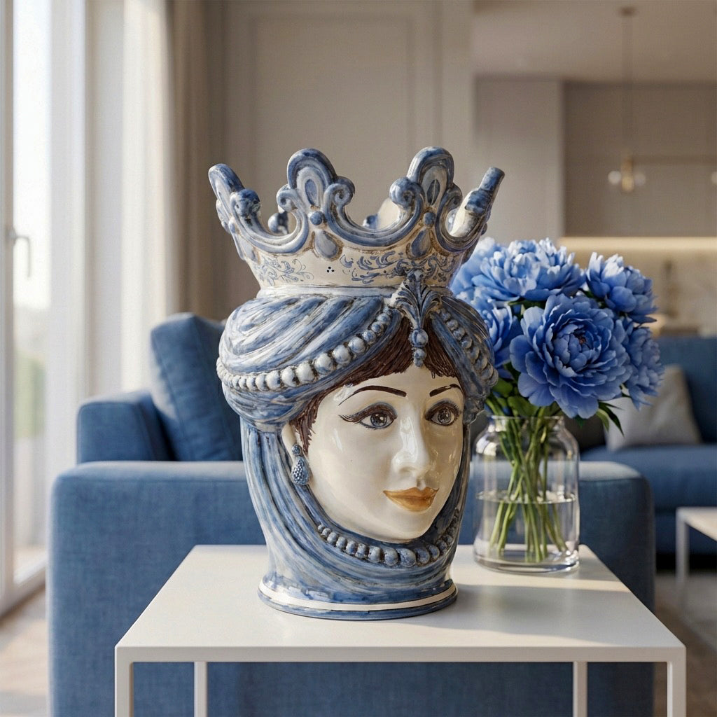 Testa di Moro mit Perlen, Frau, Mono Blau. Sizilianische Keramik aus Caltagirone, Sofia