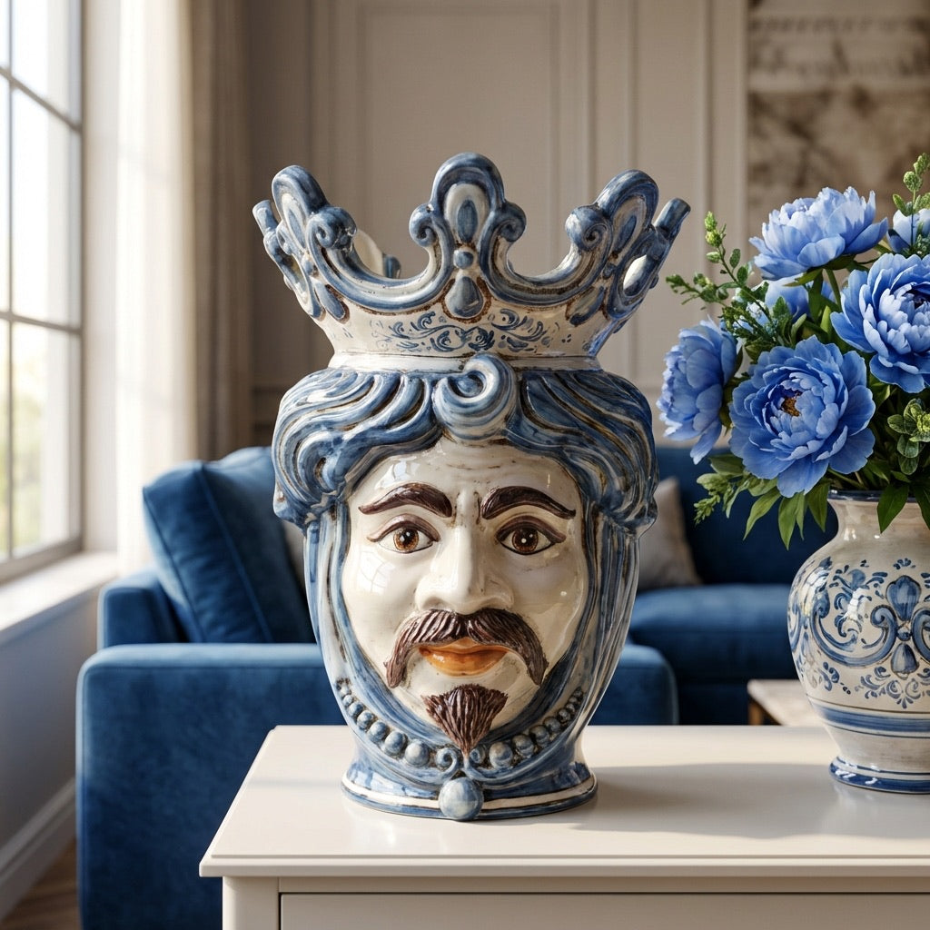 Testa di Moro with Beads, White Male, Mono Blue. Sicilian ceramics from Caltagirone, Sofia