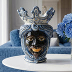 Testa di Moro with Beads, Moor male, Mono Blue. Ceramiche Sofia, Caltagirone