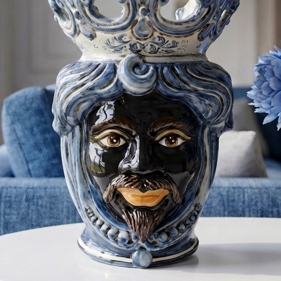 Testa di Moro with Beads, Moor male, Mono Blue. Ceramiche Sofia, Caltagirone