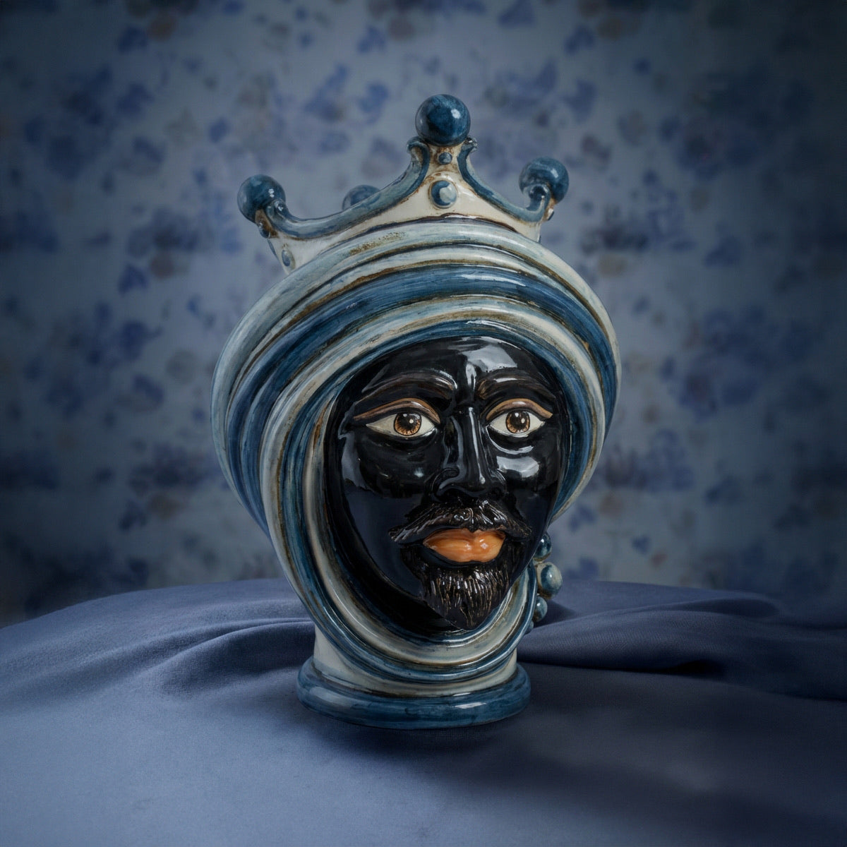 Testa di Moro, Moor Male, Mono Blue. Ceramiche Sofia, Caltagirone