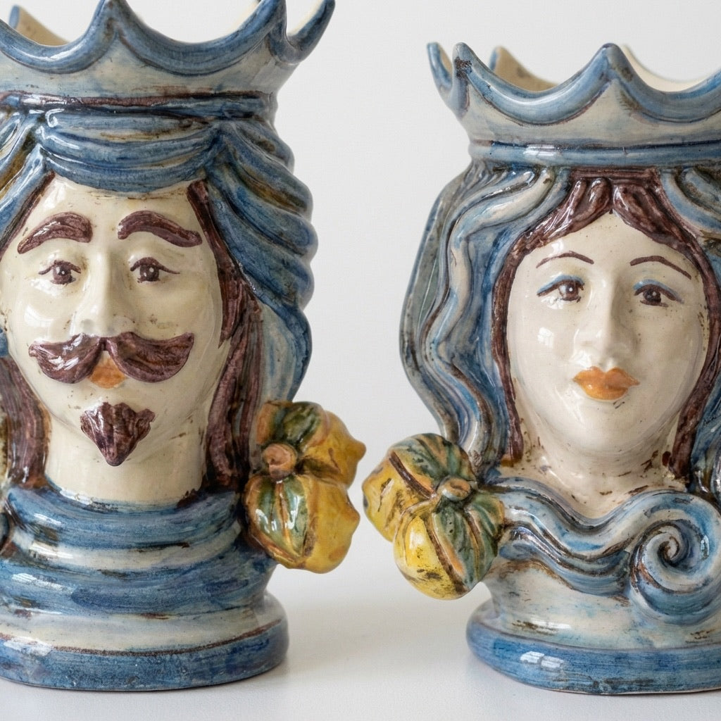 Testa di Moro, weißer Mann, Mono Blau. Ceramiche Sofia, Caltagirone
