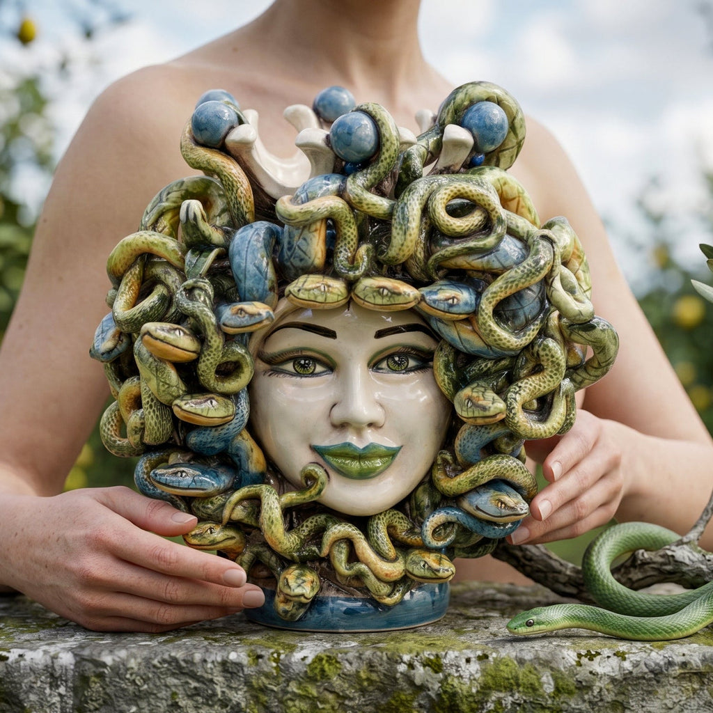 Medusenkopf H 25 cm mit blauen Perlen und grünen Lippen, farbiges Perlmutt, in den Händen gehalten
