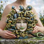 Medusenkopf H 25 cm mit blauen Perlen und grünen Lippen, farbiges Perlmutt, in den Händen gehalten