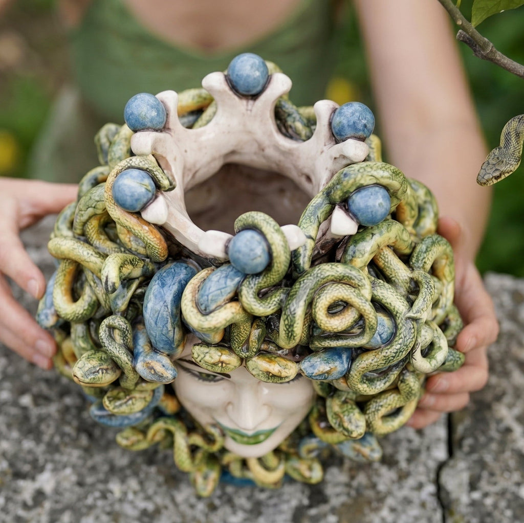 Medusenkopf mit blauen Perlen von oben: die Krone und das Innere der Vase
