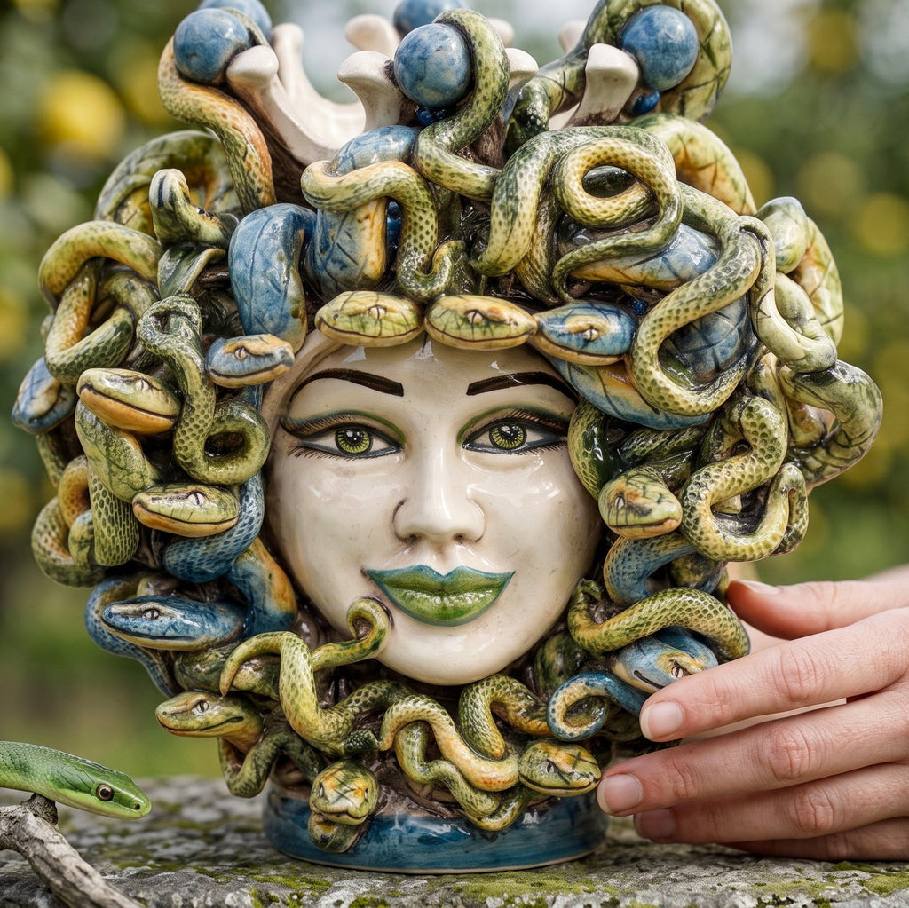 Medusenkopf mit blauen Perlen und grünen Lippen auf einer Mauer, handmodellierte grüne und blaue Schlangen