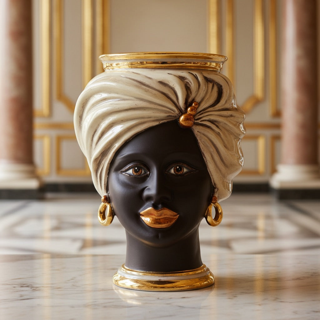 Tuareg-Kopf, Frau, antikes Perlmutt, Gold und Lüster, Turban, Feingold. Sizilianische Keramik aus Caltagirone, Sofia
