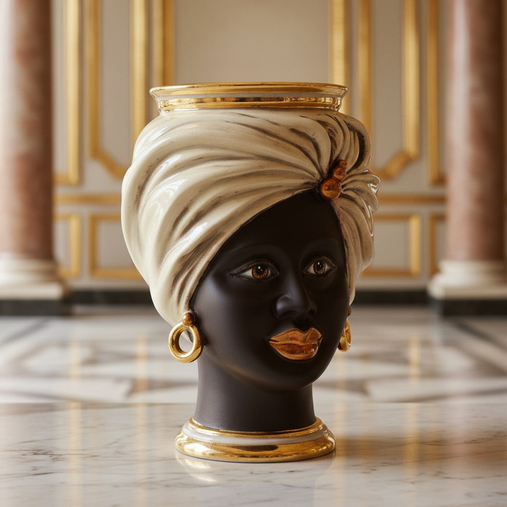 Tuareg-Kopf, Frau, antikes Perlmutt, Gold und Lüster, Turban, Feingold. Sizilianische Keramik aus Caltagirone, Sofia