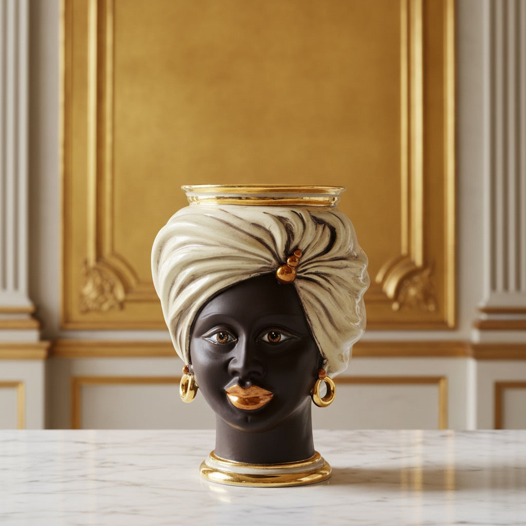 Tuareg-Kopf, Frau, antikes Perlmutt, Gold und Lüster, Turban, Feingold. Sizilianische Keramik aus Caltagirone, Sofia