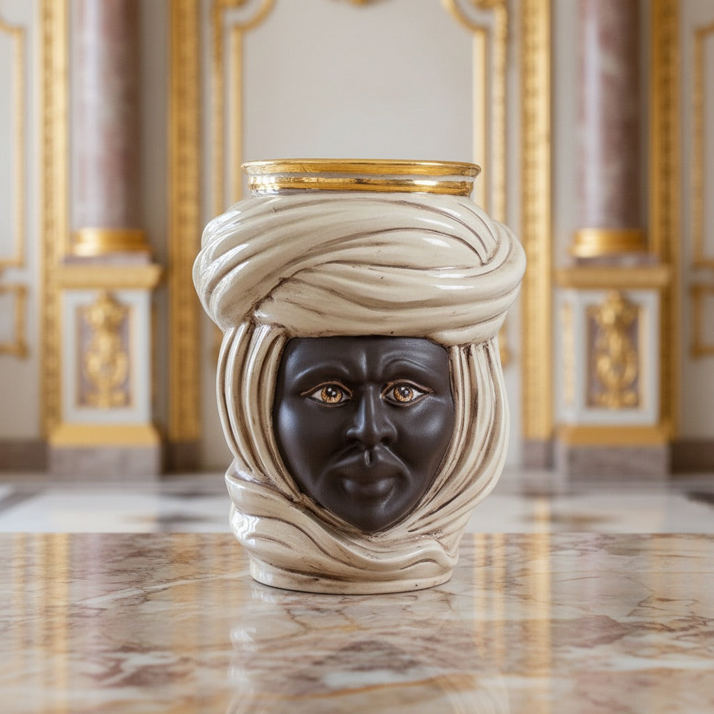 Kopf Tuareg, Mann, antikes Perlmutt Gold und Lüster, Turban, Feingold. Ceramiche Sofia, Caltagirone