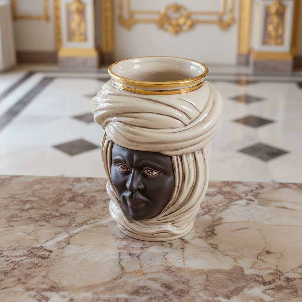 Kopf Tuareg, Mann, antikes Perlmutt Gold und Lüster, Turban, Feingold. Ceramiche Sofia, Caltagirone