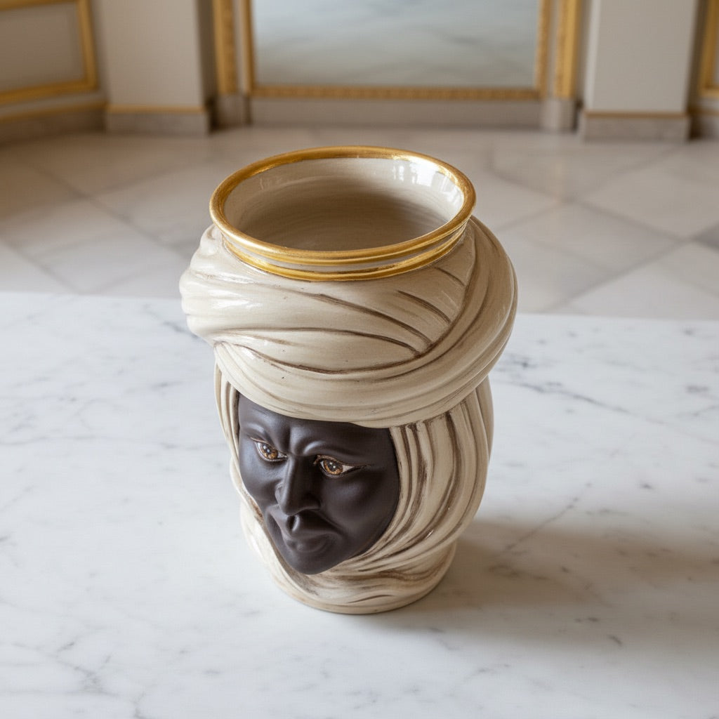 Tuareg head, Man, antique mother of pearl gold and lustre, turban, pure gold. Ceramiche Sofia, Caltagirone