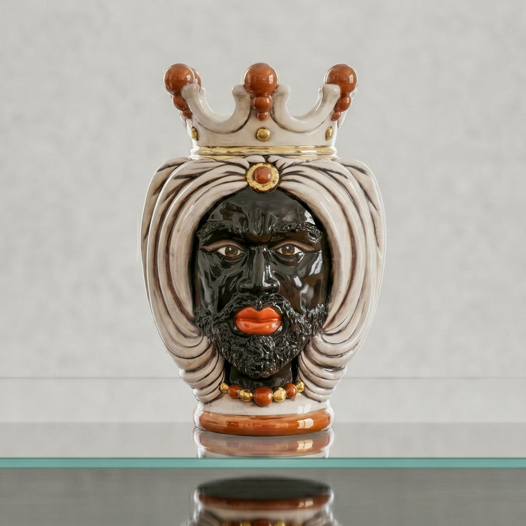 Testa di Moro with Turban, Moor Male, antique mother of pearl gold and lustre, pure gold. Ceramiche Sofia, Caltagirone