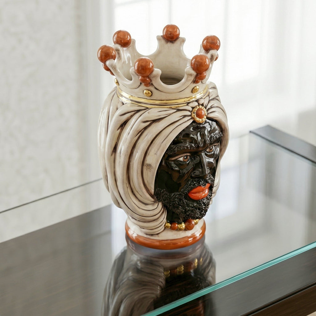 Testa di Moro with Turban, Moor Male, antique mother of pearl gold and lustre, pure gold. Ceramiche Sofia, Caltagirone