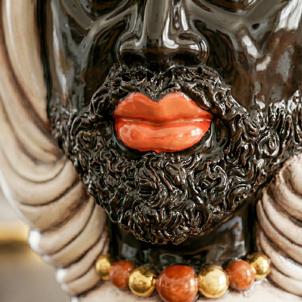 Testa di Moro with Turban, Moor Male, antique mother of pearl gold and lustre, pure gold. Ceramiche Sofia, Caltagirone