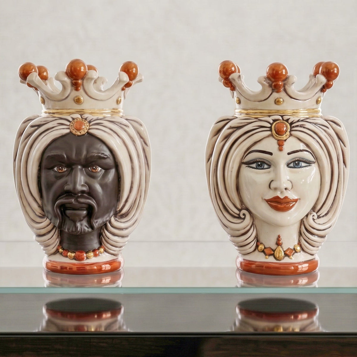 Testa di Moro with turban, matte Moor male, antique mother of pearl, gold and lustre. Ceramiche Sofia, Caltagirone