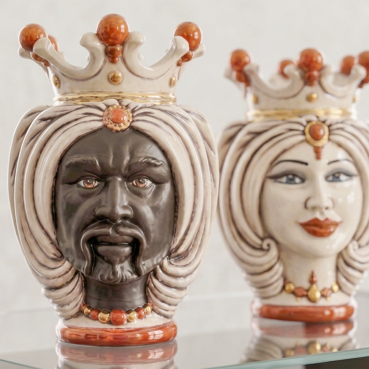 Testa di Moro with turban, matte Moor male, antique mother of pearl, gold and lustre. Ceramiche Sofia, Caltagirone