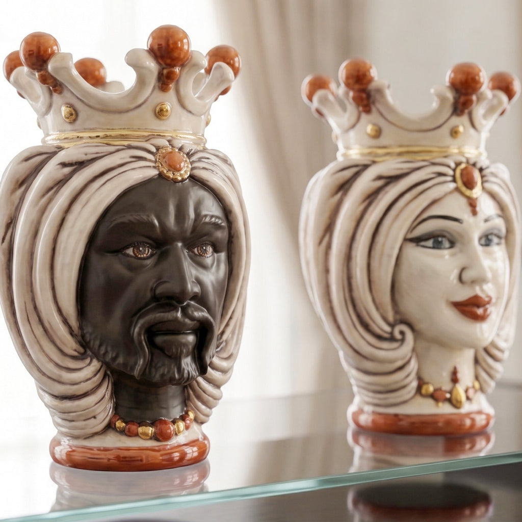 Testa di Moro with turban, matte Moor male, antique mother of pearl, gold and lustre. Ceramiche Sofia, Caltagirone