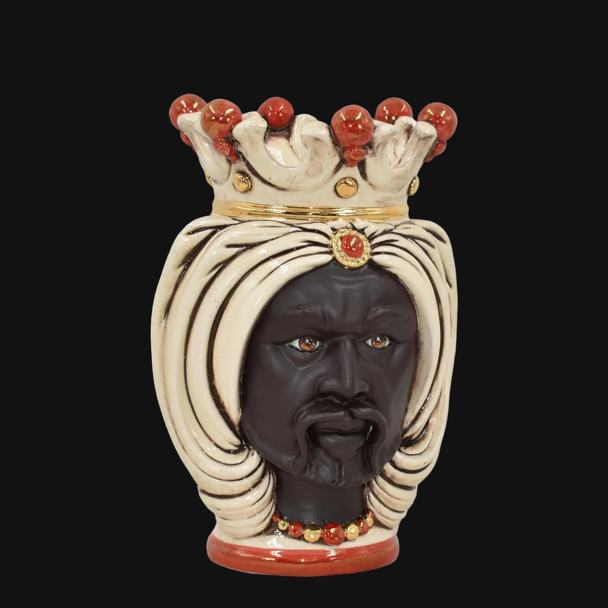 Testa di Moro with turban, matte Moor male, antique mother of pearl, gold and lustre. Ceramiche Sofia, Caltagirone