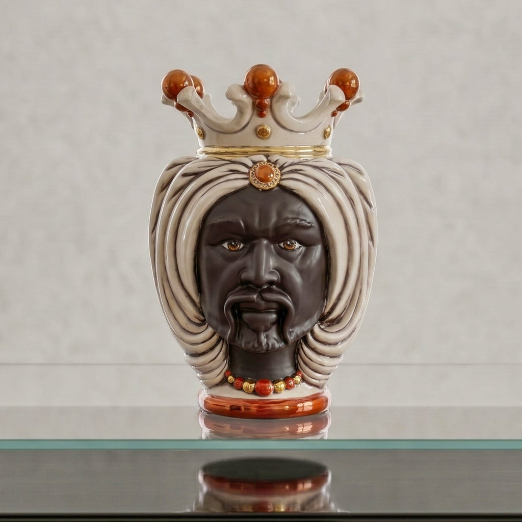 Testa di Moro with turban, matte Moor male, antique mother of pearl, gold and lustre. Ceramiche Sofia, Caltagirone