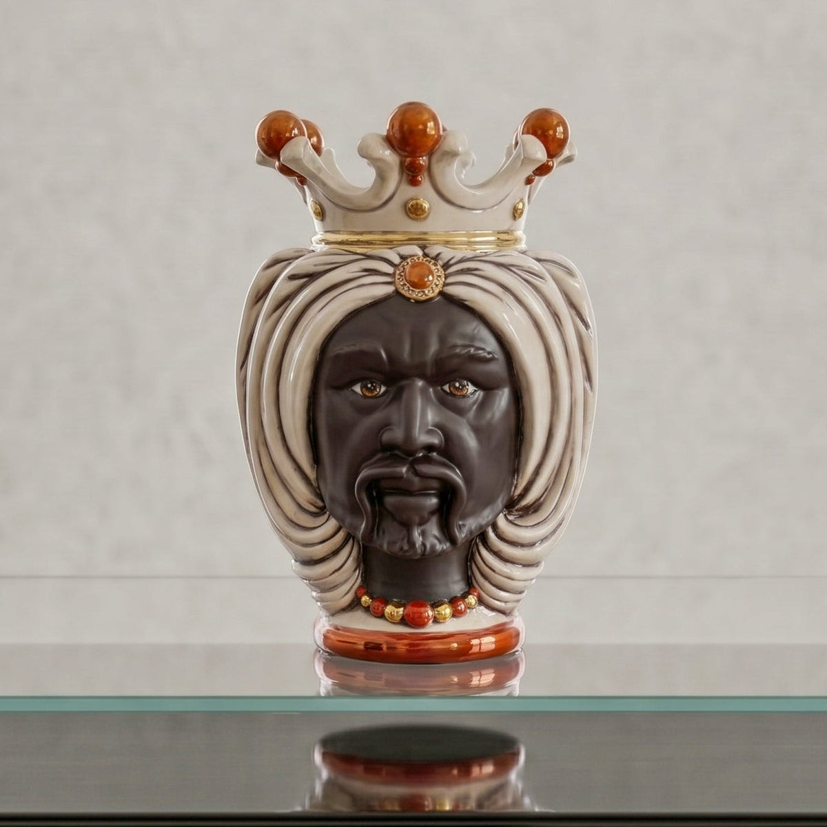 Testa di Moro with turban, matte Moor male, antique mother of pearl, gold and lustre. Ceramiche Sofia, Caltagirone