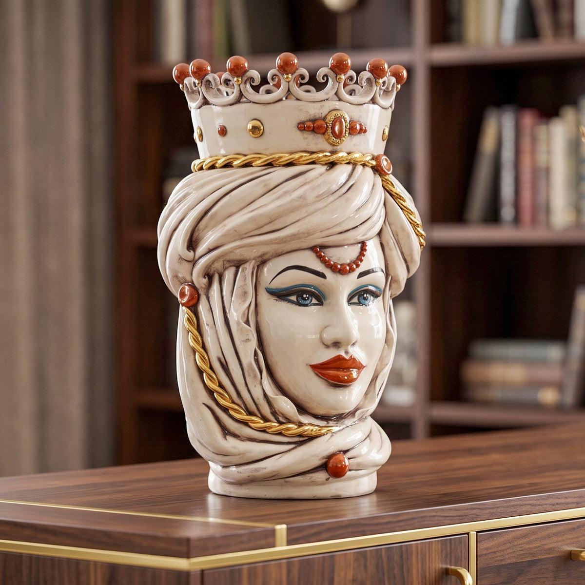 Testa di Moro, Woman, antique mother of pearl gold and lustre, pure gold. Sicilian ceramics from Caltagirone, Sofia