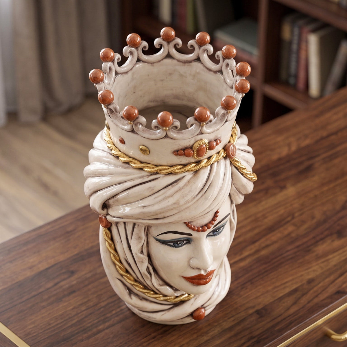 Testa di Moro, Woman, antique mother of pearl gold and lustre, pure gold. Sicilian ceramics from Caltagirone, Sofia