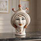 Weibliche Testa di Moro H 30 cm mit Perlen, antikisiertes Perlmutt mit Gold und Lüster, Turban und Krone