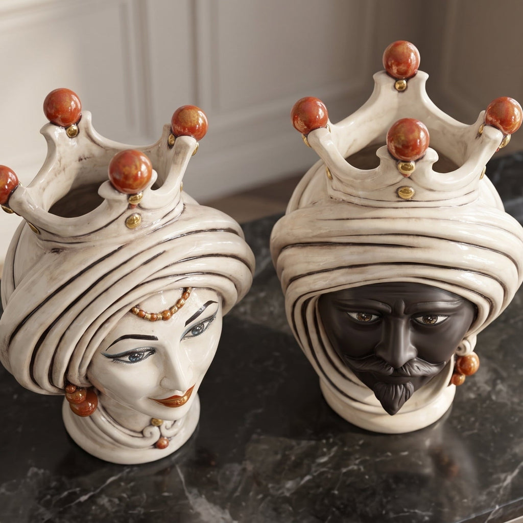 Pair of Teste di Moro with beads seen from above, mother-of-pearl turbans and crowns