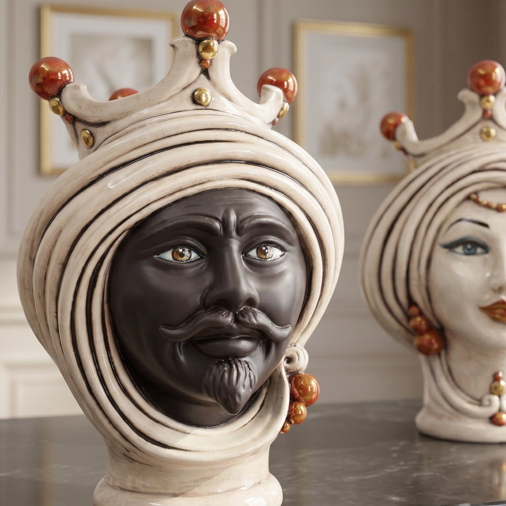 Matt dark-faced Testa di Moro in the foreground, the female head with beads behind