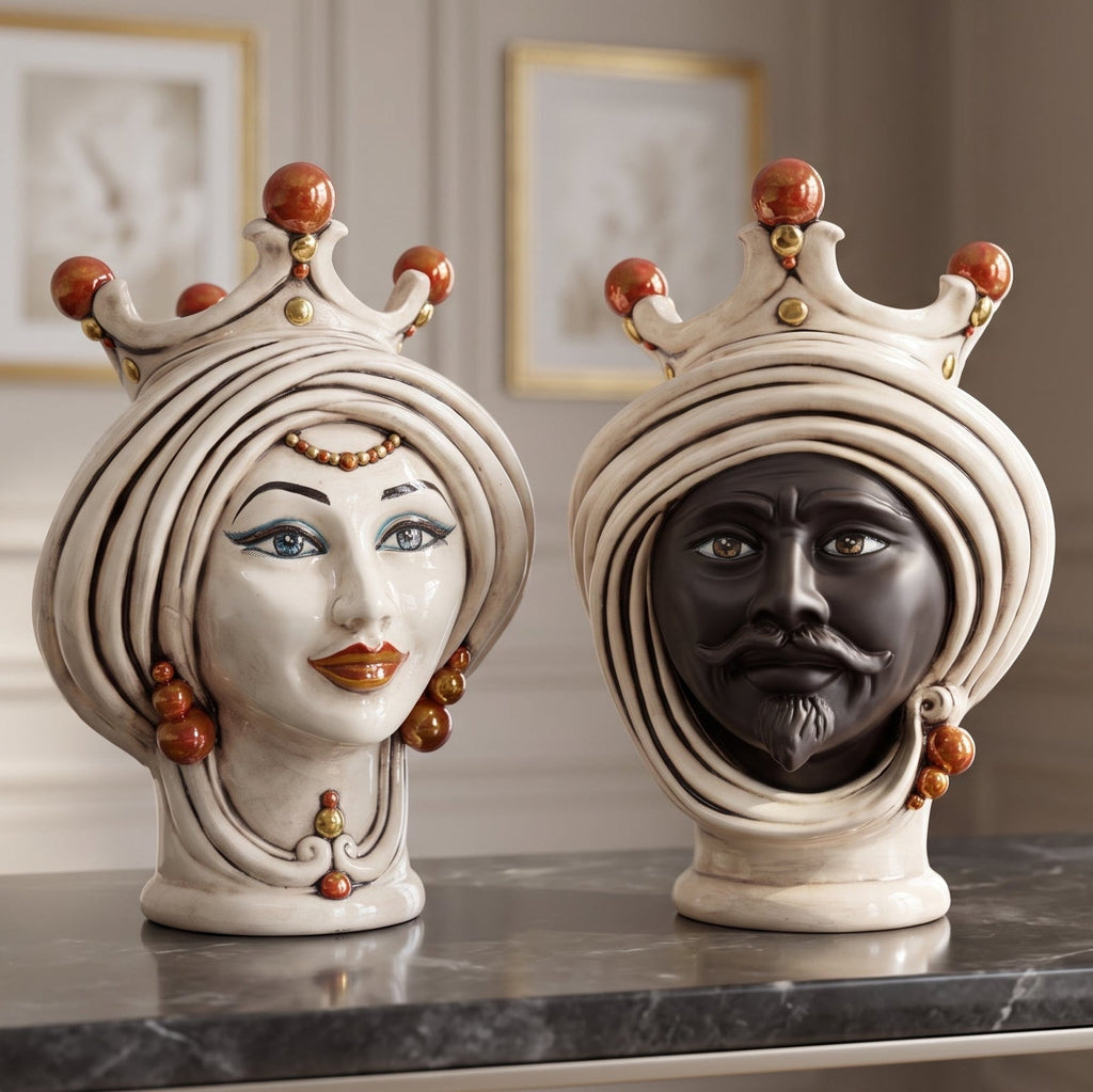 Pair of Teste di Moro with beads, woman and man with a matt dark face, on a marble top