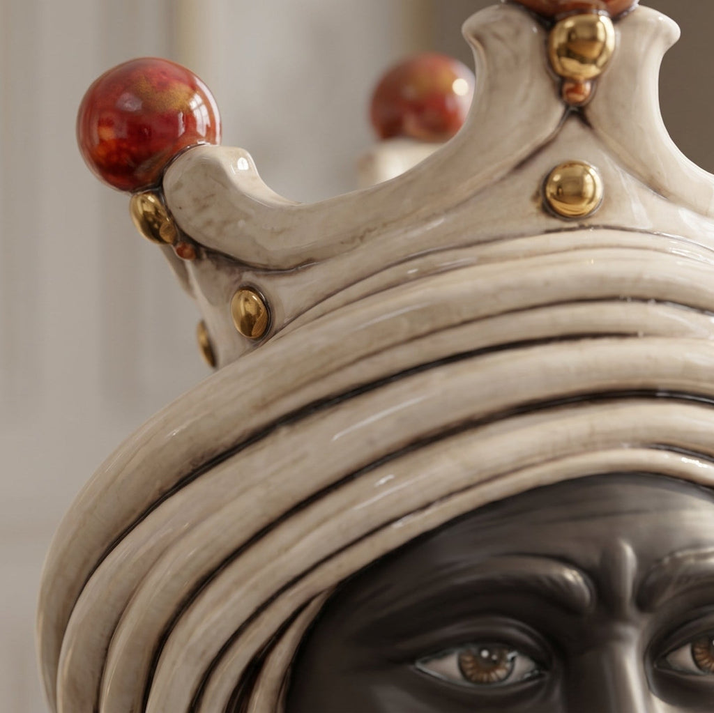 Detail of the crown with red and gold beads on the dark-faced Testa di Moro