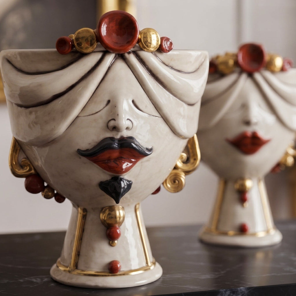 Male Zahira head with gold and lustres in the foreground, the female Zahira behind