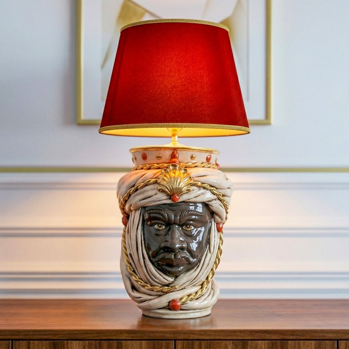 Lume a Testa Tuareg con Corona h 70 cm (ceramica h 40 cm, Paralume in Tessuto Ø 45 cm) - Maschio Moro, Madreperla Antichizzato Oro e Lustri