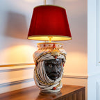 Tuareg Testa di Moro Lampe mit Krone H 70 cm (Keramik H 40 cm, Stoffschirm Ø 45 cm), Maurischer Mann, Antikes Perlmutt Gold und Lüster