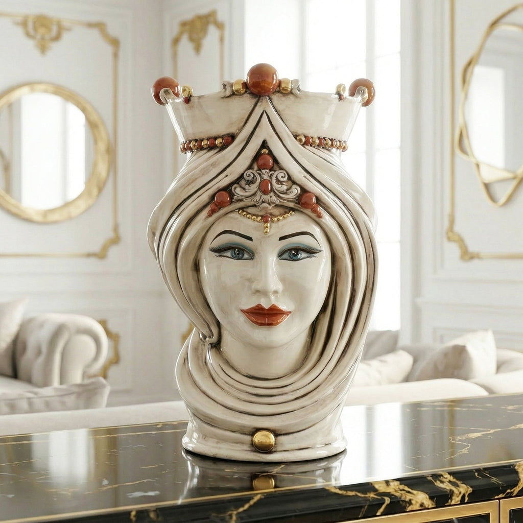 Testa di Moro con Turbante, Donna, Madreperla Antichizzato Oro e Lustri, oro zecchino. Ceramiche Sofia, Caltagirone