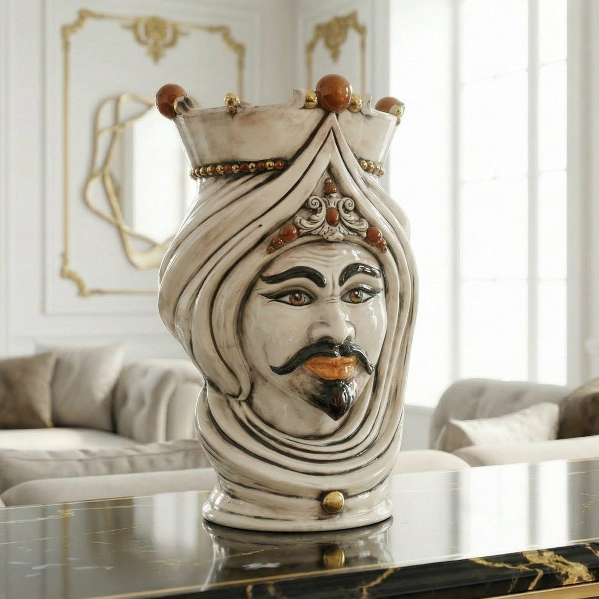 45 cm fair-faced male Testa di Moro with turban and moustache, antique mother of pearl with gold and lustres