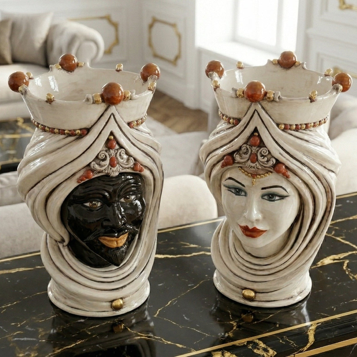 Testa di Moro con Turbante, Maschio Moro, Madreperla Antichizzato Oro e Lustri, oro zecchino. Ceramiche Sofia, Caltagirone