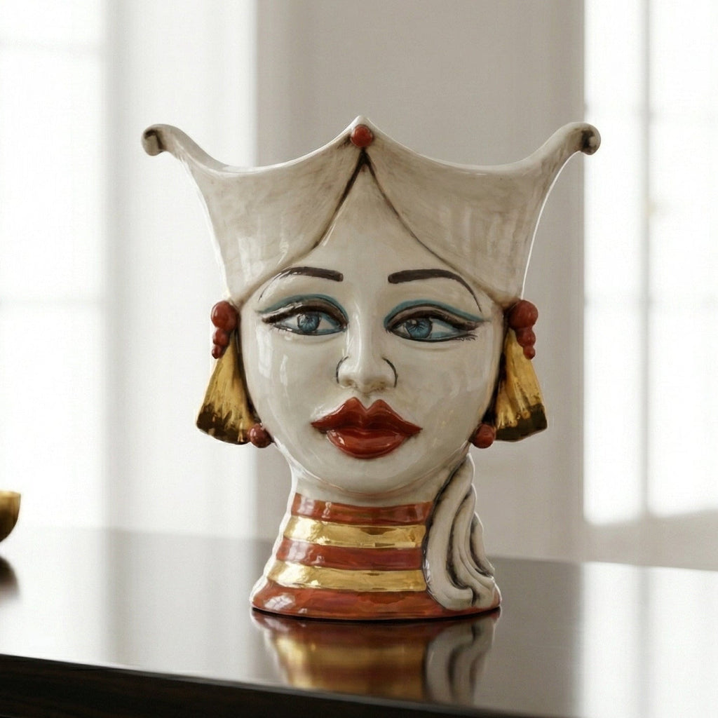 Testa di Moro Aisha, Donna, Madreperla Antichizzato Oro e Lustri, oro zecchino. Ceramiche Sofia, Caltagirone