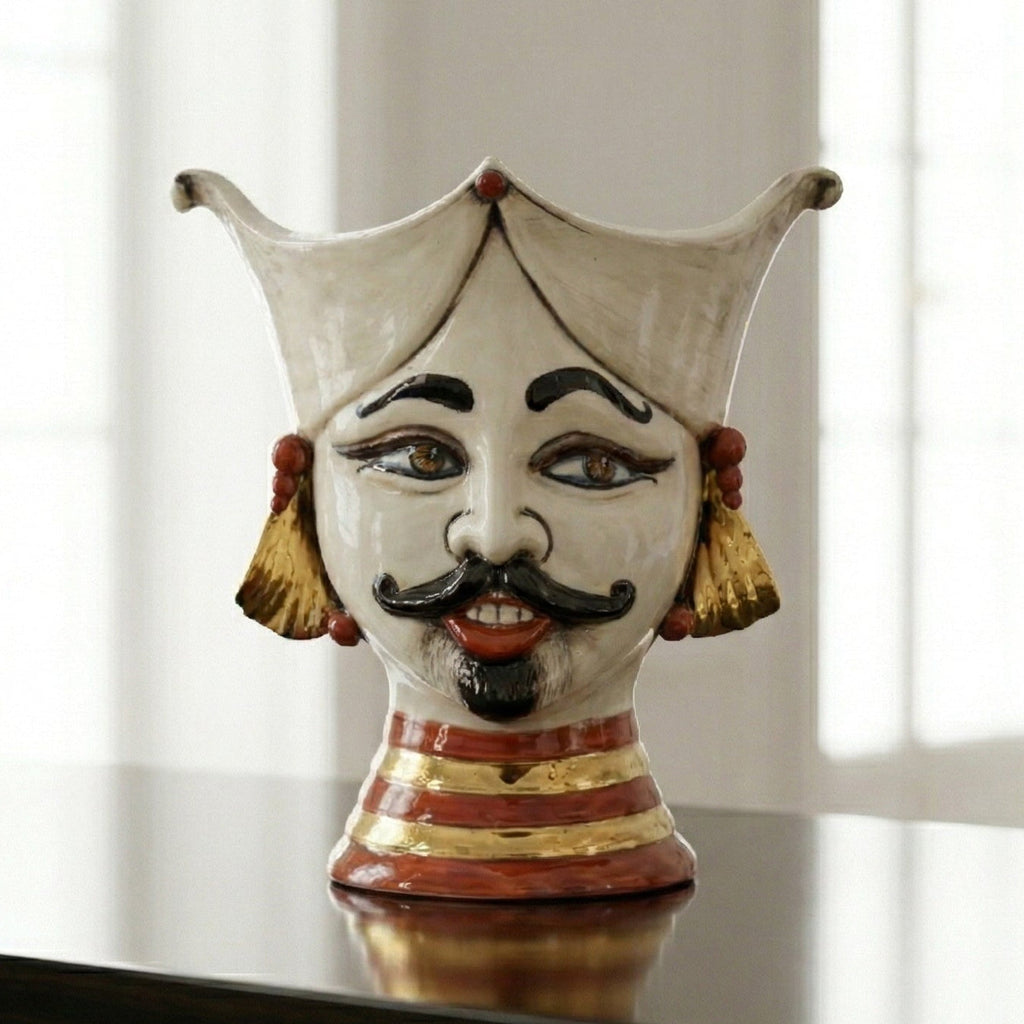 Testa di Moro Aisha, Mann, antikes Perlmutt, Gold und Lüster, Gesicht, Feingold. Ceramiche Sofia, Caltagirone