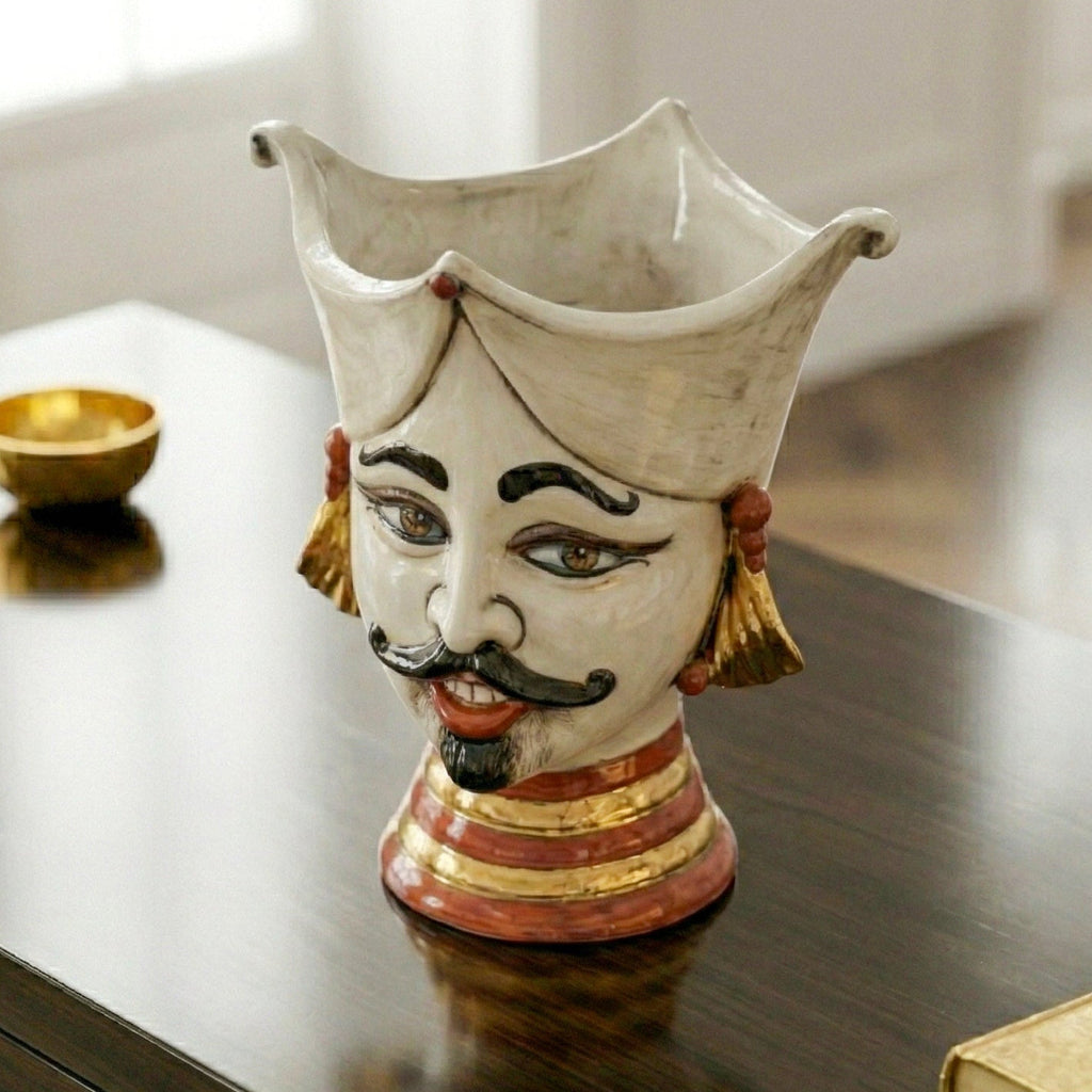 Testa di Moro Aisha, Mann, antikes Perlmutt, Gold und Lüster, Gesicht, Feingold. Ceramiche Sofia, Caltagirone