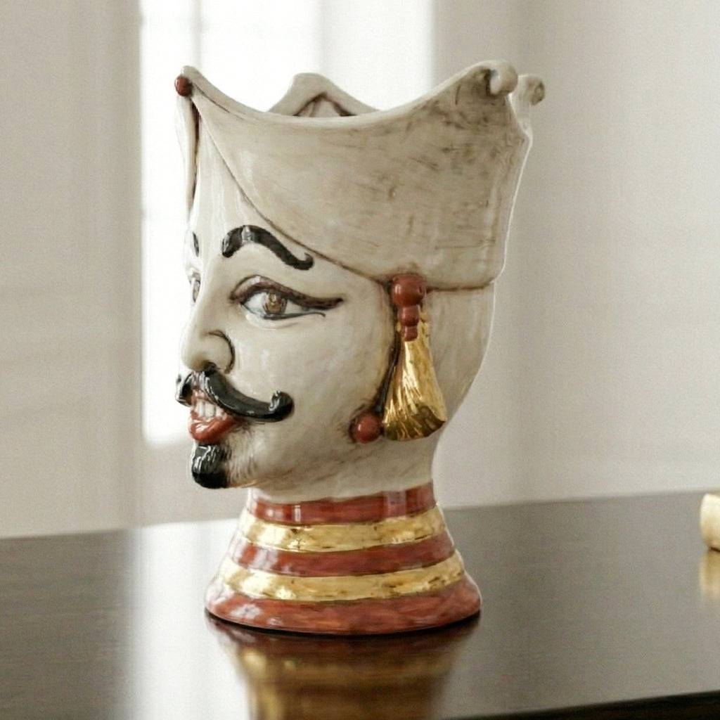 Testa di Moro Aisha, Mann, antikes Perlmutt, Gold und Lüster, Gesicht, Feingold. Ceramiche Sofia, Caltagirone