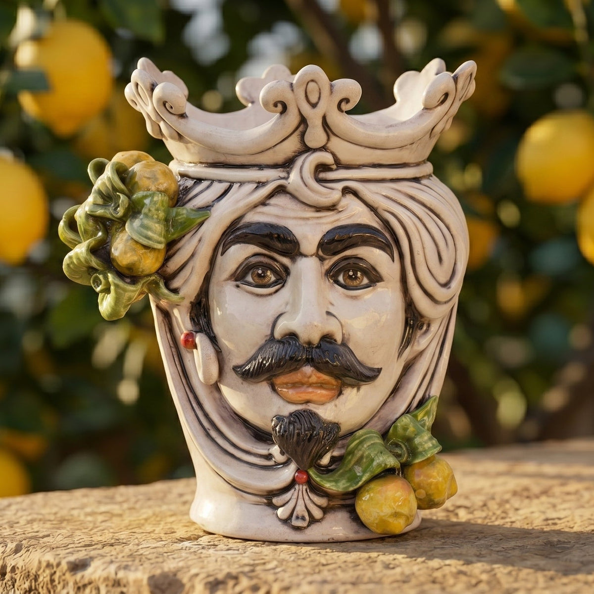 Testa di Moro with lemons, man, mother of pearl. Sicilian ceramics from Caltagirone, Sofia