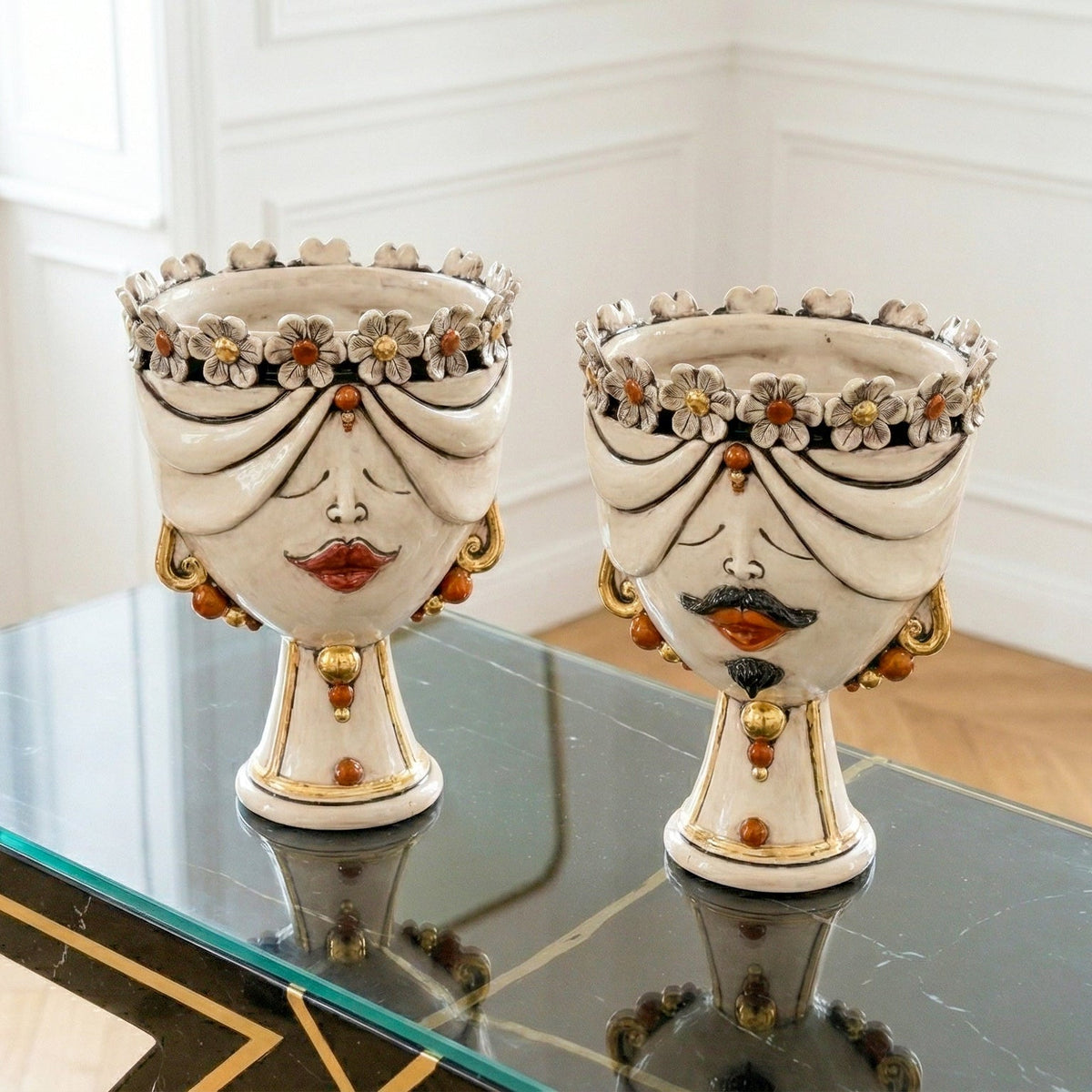 Zahira head with Flowers, Woman, antique mother of pearl gold and lustre, pure gold. Sicilian ceramics from Caltagirone, Sofia