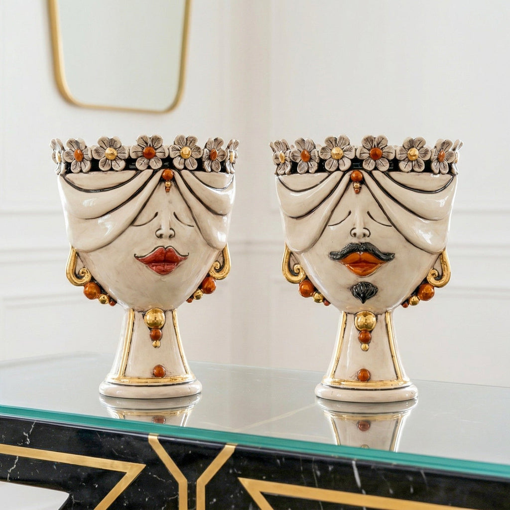Zahira head with Flowers, Woman, antique mother of pearl gold and lustre, pure gold. Sicilian ceramics from Caltagirone, Sofia