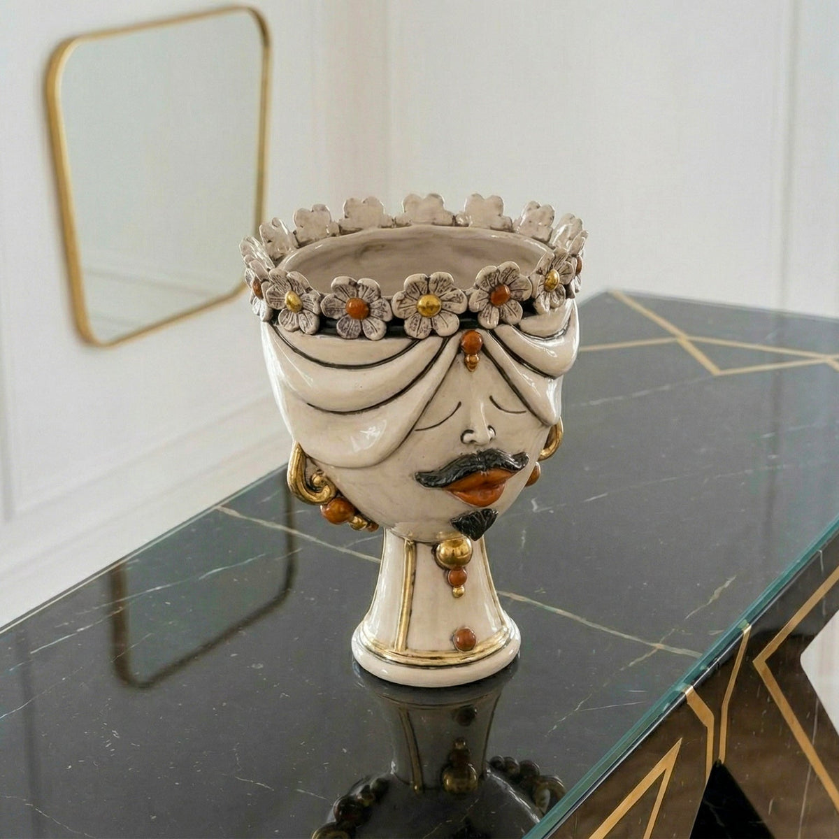 Zahira Head with Flowers, Man, Antique Mother of Pearl Gold and Lustre, pure gold. Ceramiche Sofia, Caltagirone