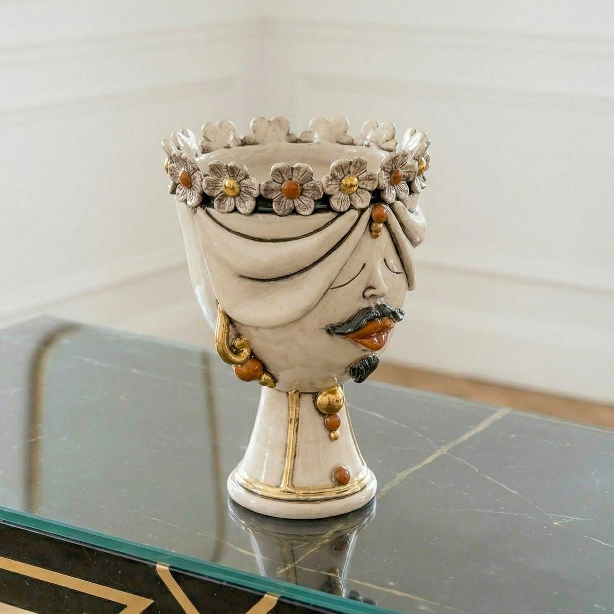 Zahira Head with Flowers, Man, Antique Mother of Pearl Gold and Lustre, pure gold. Ceramiche Sofia, Caltagirone