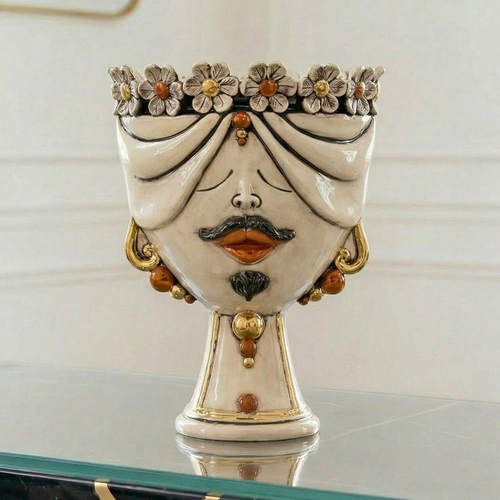 Zahira Head with Flowers, Man, Antique Mother of Pearl Gold and Lustre, pure gold. Ceramiche Sofia, Caltagirone