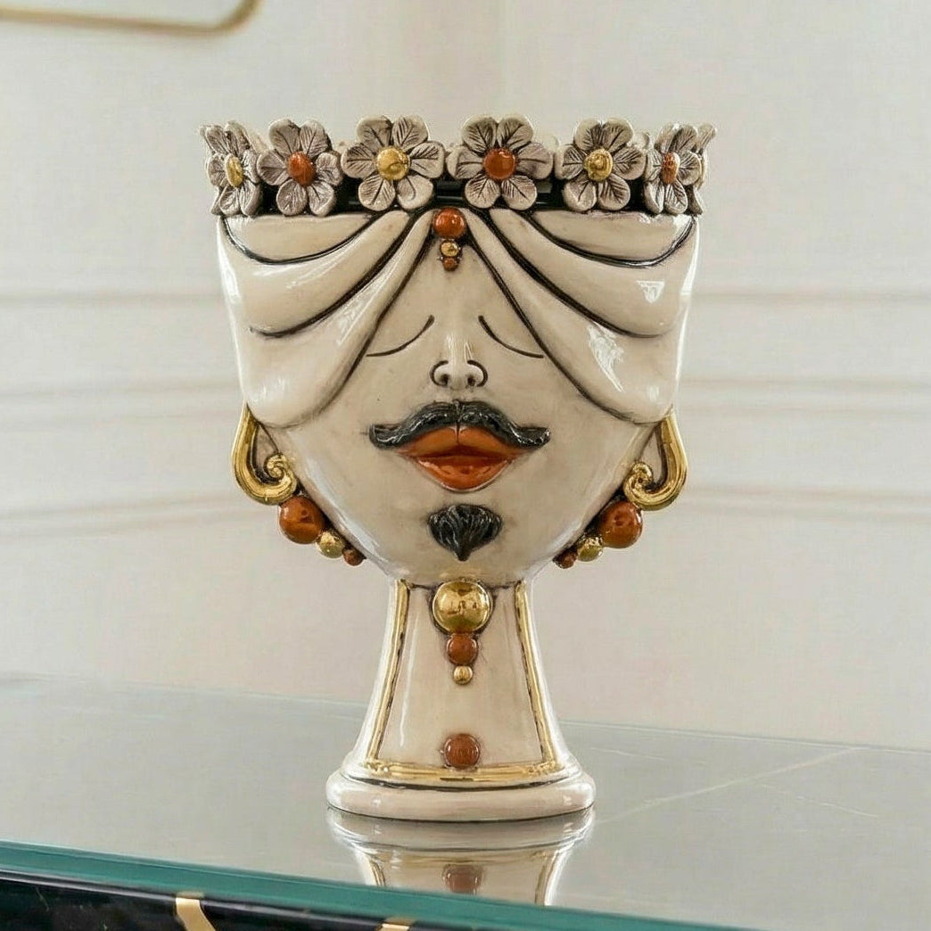 Zahira Head with Flowers, Man, Antique Mother of Pearl Gold and Lustre, pure gold. Ceramiche Sofia, Caltagirone
